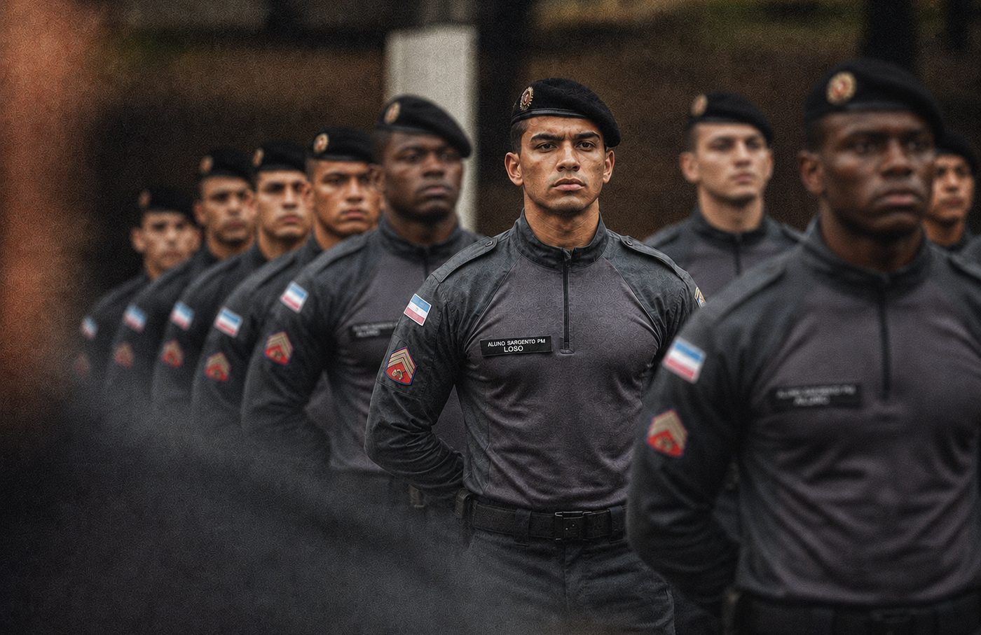 Pelotão de alunos sargentos em forma, de boina, olhando para a frente.