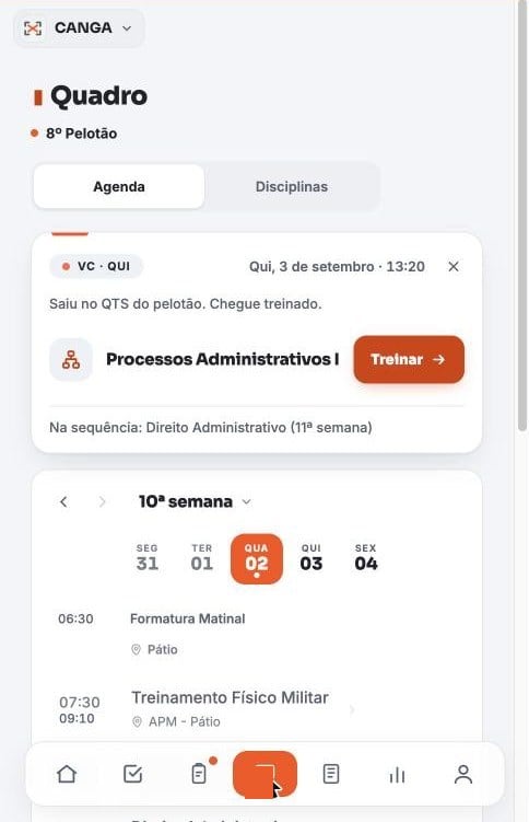 Tela real do app: Quadro com a agenda da semana do pelotão